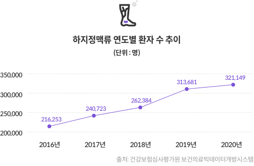 하지정맥류 연도별 환자 수 추이(단위 : 명) - 2016년 : 216,253 / 2017년 : 240,723 / 2018년 : 262,384 / 2019년 : 313,681 / 2020년 : 321,149 [출처:건강보험심사평가원 보건의료빅데이터개방시스템]