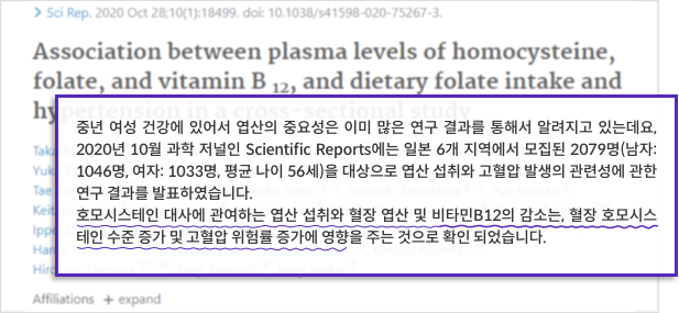 중년 여성 건강에 있어서 엽산의 중요성은 이미 많은 연구 결과를 통해서 알려지고 있는데요, 2020년 10월 과학 저널인 Scientific Reports에는 일본 6개 지역에서 모집된 2079명(남자: 1046명, 여자: 1033명, 평균 나이 56세)을 대상으로 엽산 섭취와 고혈압 발생의 관련성에 관한 연구 결과를 발표하였습니다. 호모시스테인 대사에 관여하는 엽산 섭취와 혈장 엽산 및 비타민12의 감소는, 혈장 호모시스테인 수준 증가 및 고혈압 위험률 증가에 영향을 주는 것으로 확인 되었습니다. 