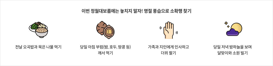 이번 정월대보름에는 놓치지 말자! 명절 풍습으로 소확행 찾기 - 전날 오곡밥과 묵은 나물 먹기 / 당일 아침 부럼(밤, 호두, 땅콩 등) 깨서 먹기 / 가족과 지인에게 인사하고 더위 팔기 / 당일 저녁 밤하늘을 보며 달맞이와 소원 빌기