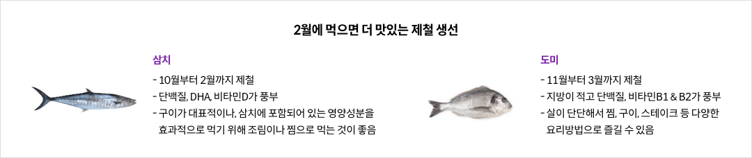 2월에 먹으면 더 맛있는 제철 생선 - 삼치 : 10월부터 2월까지 제철,  단백질, DHA, 비타민D가 풍부, 구이가 대표적이나, 삼치에 포함되어 있는 영양성분을  효과적으로 먹기 위해 조림이나 찜으로 먹는 것이 좋음 / 도미 : 11월부터 3월까지 제철, 지방이 적고 단백질, 비타민B1 & B2가 풍부살이 단단해서 찜, 구이, 스테이크 등 다양한  요리방법으로 즐길 수 있음