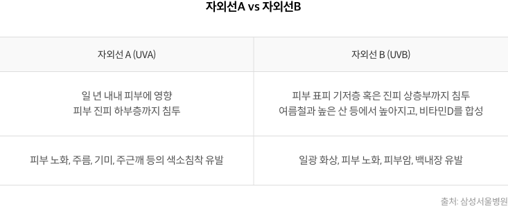 자외선A(UVA) : 일 년 내내 피부에 영향, 피부 진피 하부층까지 침투 , 피부 노화, 주름, 기미, 주근깨 등의 색소침착 유발 / 자외선B(UVA) : 피부 표피 기저층 혹은 진피 상층부까지 침투, 여름철과 높은 산 등에서 높아지고 비타민D를 합성, 일광 화상, 피부 노화, 피부암, 백내장 유발[출처 : 삼성서울병원]