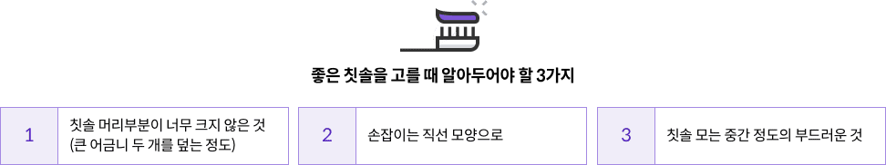 좋은 칫솔을 고를 때 알아두어야 할 3가지 - 칫솔 머리부분이 너무 크지 않은 것(큰 어금니 두 개를 덮는 정도) / 손잡이는 직선 모양으로 / 칫솔모는 중간 정도의 부드러운 것