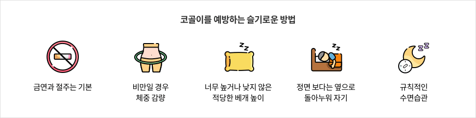 코골이를 예방하는 슬기로운 방법 - 금연과 절주는 기본 / 비만일 경우 체중 감량 / 너무 높거나 낮지 않은 적당한 베개 높이 / 정면 보다는 옆으로 돌아누워 자기 / 규칙적인 수면습관