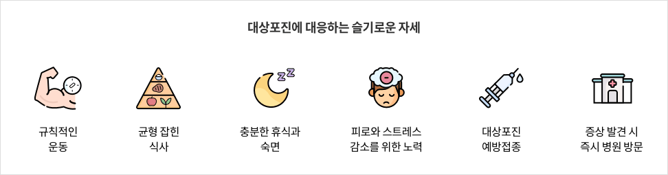 대상포진에 대응하는 슬기로운 자세 - 규칙적인 운동 / 균형 잡힌 식사 / 충분한 휴식과 숙면 / 피로와 스트레스 감소를 위한 노력 / 대상포진 예방접종 / 증상 발견 시 즉시 병원 방문