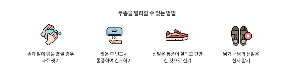 무좀을 멀리할 수 있는 방법 - 손과 발에 땀을 흘릴 경우 자주 씻기 / 씻은 후 반드시 통풍하여 건조하기 / 신발은 통풍이 잘되고 편안한 것으로 신기 / 낡거나 남의 신발은 신지 말기