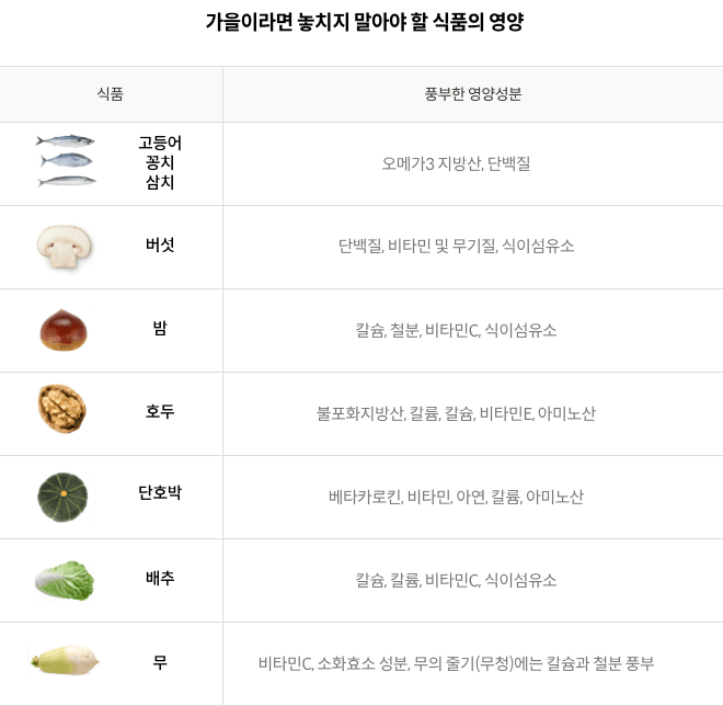 가을이라면 놓치지 말아야 할 식품의 영양 - 고등어, 꽁치, 삼치 : 오메가3 지방산, 단백질 / 버섯 : 단백질, 비타민 및 무기질, 식이섬유소 / 밤 : 칼슘, 철분, 비타민C, 식이섬유소 / 호두 : 불포화지방산, 칼륨, 칼슘, 비타민E, 아미노산 / 단호박 : 베타카로킨, 비타민, 아연, 칼륨, 아미노산 / 배추 : 칼슘, 칼륨, 비타민C, 식이섬유소 / 무 : 비타민C, 소화효소 성분, 무의 줄기(무청)에는 칼슘과 철분 풍부