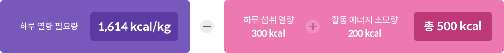 하루 열량 필요량 1,614 kcal/kg - 하루 섭취 열량 300 kcal - 활동 에너지 소모량 200 kcal (총 500 kcal)