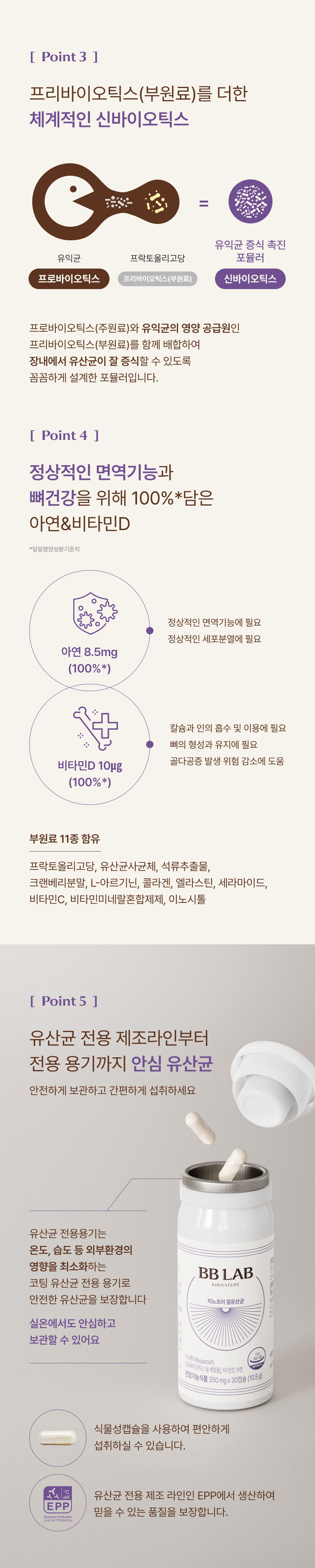 신바이오틱스 포뮬러 및 주영양소 함량과 안심 용기 특징 - 프로바이오틱스(유산균)에 부원료인 프리바이오틱스(유익균 먹이)를 더해 장내 유산균 증식을 돕는 신바이오틱스 설계 설명, 정상적인 면역기능을 돕는 아연 8.5mg(100%)과 뼈 건강을 위한 비타민D 10µg(100%) 영양 성분 배합 정보 수록, 크랜베리분말·콜라겐·엘라스틴 등 11종의 부원료 정보 기술, 외부 환경의 온도와 습도 영향을 최소화하는 유산균 전용 벽면 흡습 용기 설명 및 식물성 캡슐 사용 안내