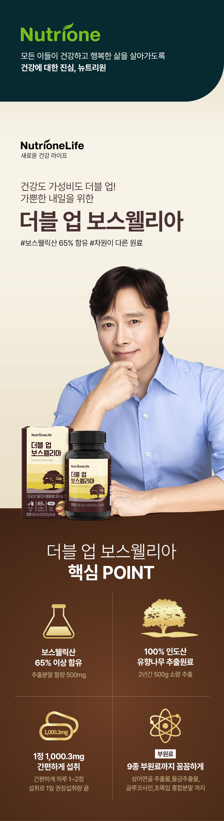 뉴트리원라이프 더블 업 보스웰리아 - 보스웰릭산 65% 함유 인도산 유향나무 추출원료, 관절 건강과 활력있는 일상을 위한 1일 1정 영양제, 1정 1,000.3mg 부원료 9종 함유