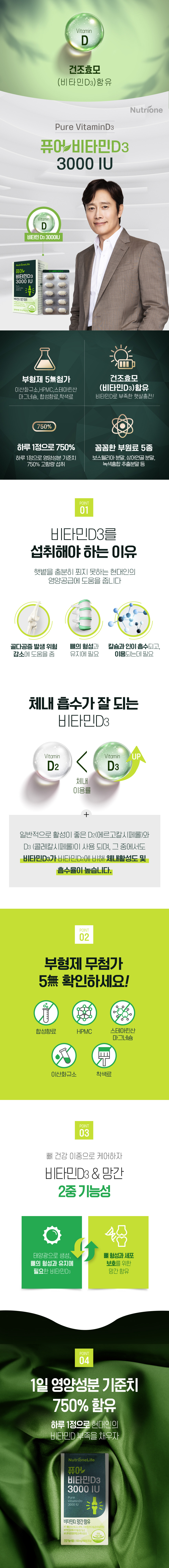 뉴트리원 퓨어 비타민D3 3000IU - 건조효모 비타민D3 함유, 부형제 5無 첨가, 하루 1정 영양성분기준치 750% 고함량, 보스웰리아 상어연골 녹색홍합 등 부원료 5종, 뼈 건강과 칼슘아연 흡수 이용에 필요한 비타민D3