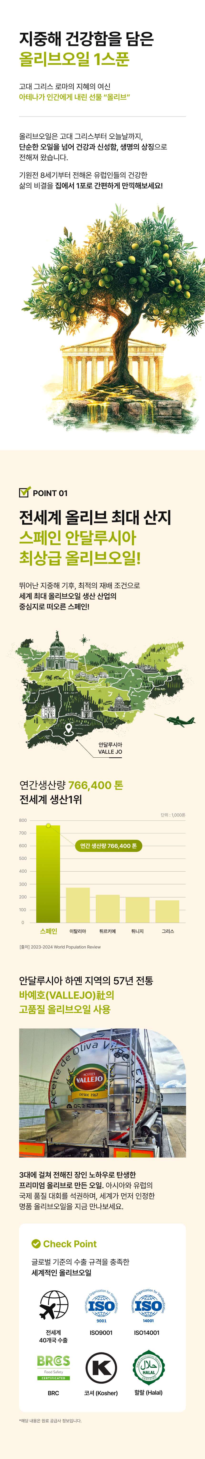 유기농 데일리 엑스트라버진 올리브오일 100% 지중해 건강함 - 스페인 안달루시아 전세계 올리브 최대산지 연간생산량 766,400톤 1위, 바예호社 57년 전통 고품질 올리브오일, ISO9001 ISO14001 BRC 코셔 할랄 세계기준 인증, 전세계 40개국 수출