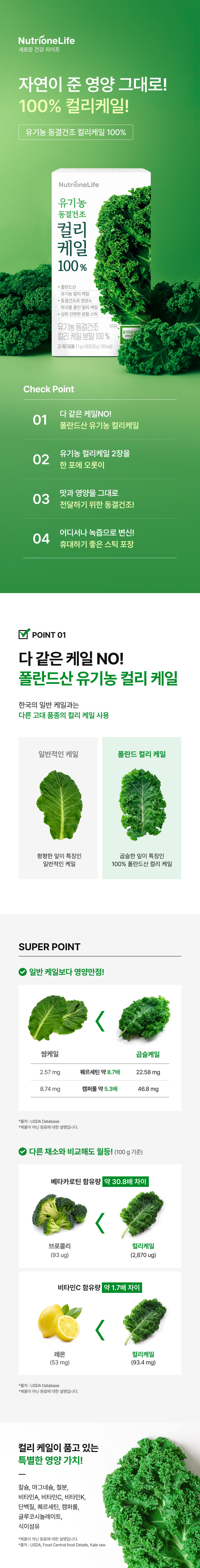adm_20260713_1783901323_89153.jpg 자연이 준 영양 그대로 100% 컬리케일 - 다 같은 케일 아닌 폴란드산 유기농 컬리케일, 한 포에 컬리케일 2장 동결건조로 맛과 영양 그대로, 브로콜리 대비 베타카로틴 30.8배 레몬 대비 비타민C 1.7배 칼슘 마그네슘 철분 케르세틴 캠퍼롤 함유
