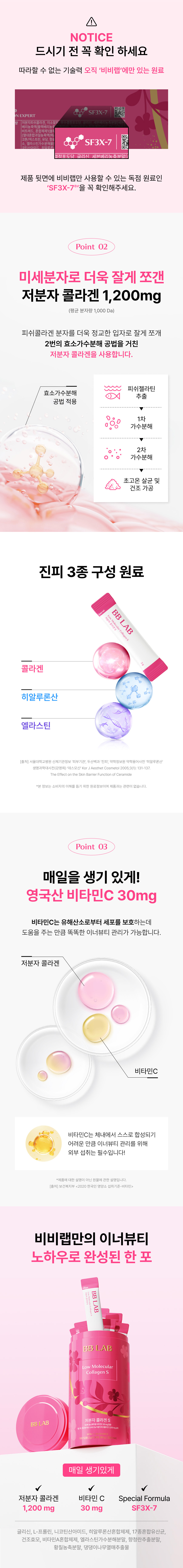 2번의 효소가수분해 공정을 거친 평균 분자량 1,000 Da 저분자 콜라겐 1,200mg 스펙 및 진피 주요 구성 성분인 콜라겐, 히알루론산, 엘라스틴 배합 구조