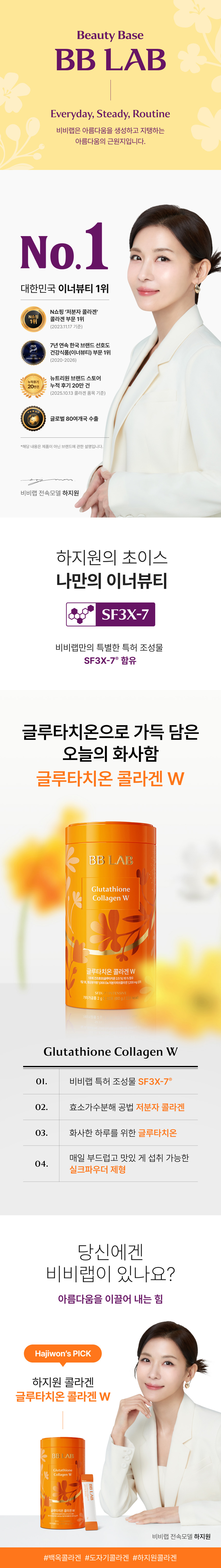 비비랩 전속모델 하지원의 글루타치온 콜라겐 W - 대한민국 이너뷰티 1위, 독점 특허 조성물 SF3X-7 함유, 화사한 하루를 위한 글루타치온 콜라겐