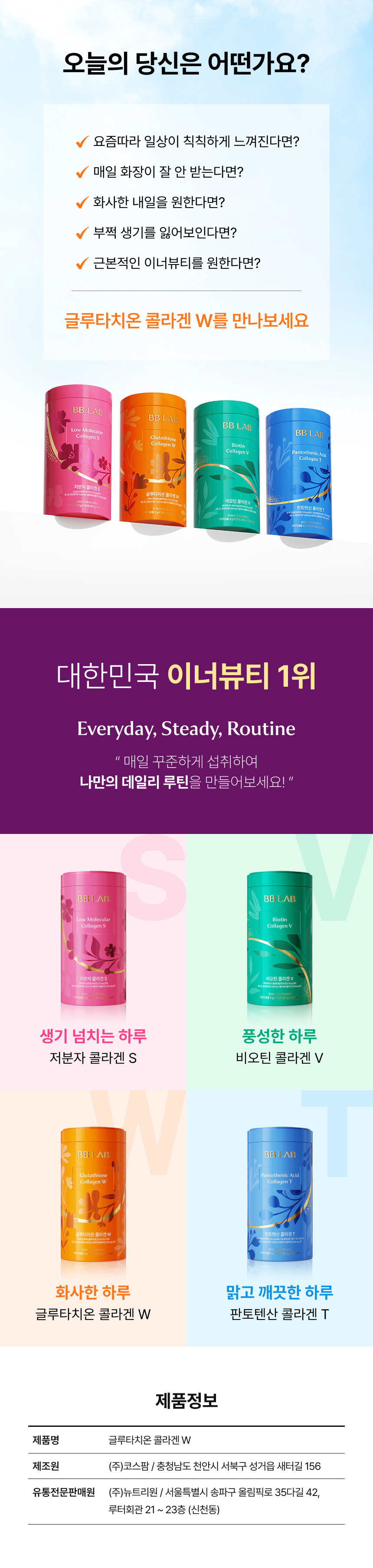 비비랩 콜라겐 4종 라인업 - 저분자 콜라겐 S, 글루타치온 콜라겐 W, 비오틴 콜라겐 V, 판토텐산 콜라겐 T 및 대한민국 이너뷰티 1위 브랜드 제품정보(제조원 (주)코스팜, 유통전문판매원 (주)뉴트리원)