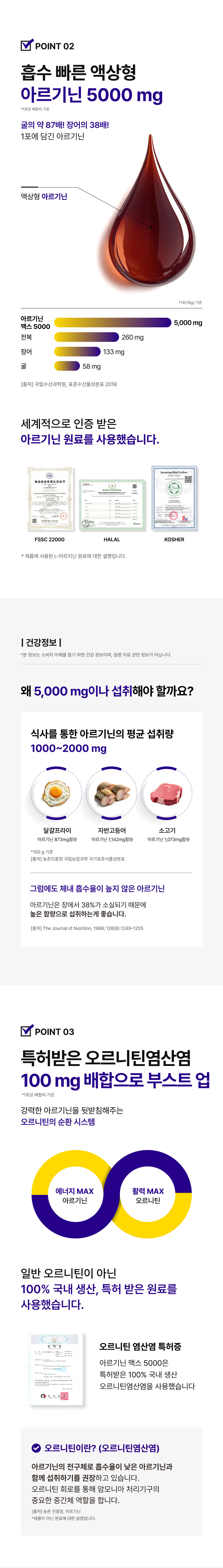 흡수 빠른 액상형 아르기닌 5,000mg 함유(전복·장어·굴 대비 고함량) 및 FSSC 22000, HALAL, KOSHER 국제 인증 원료 사용, 특허받은 국내 생산 오르니틴염산염 100mg 배합