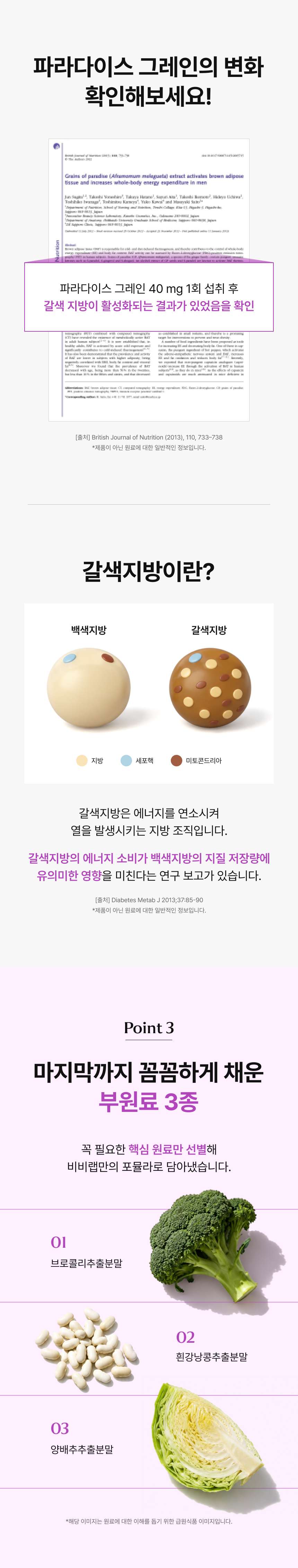 adm_20260813_1786600823_10843.jpg 갈색지방 활성화 연구 결과 및 3가지 핵심 부원료 - 파라다이스 그레인 40mg 1회 섭취 후 갈색 지방이 활성화되었다는 학술지 연구 결과 수록, 에너지를 연소시켜 열을 발생시키는 갈색지방 조직의 개념 정보 및 백색지방과의 차이 안내, 비비랩만의 포뮬러로 엄선하여 배합한 부원료 3종인 브로콜리추출분말, 흰강낭콩추출분말, 양배추추출분말 상세 정보 기술