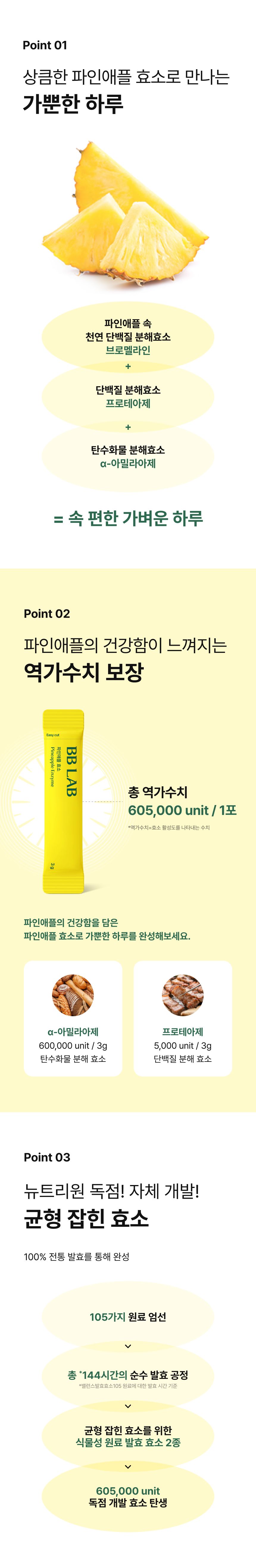 상큼한 파인애플 효소로 만나는 가뿐한 하루 - 브로멜라인+프로테아제+α-아밀라아제 트리플 효소, 총 역가수치 605,000unit/1포(α-아밀라아제 600,000unit, 프로테아제 5,000unit), 뉴트리원 독점 자체개발 105가지 원료 균형 잡힌 효소
