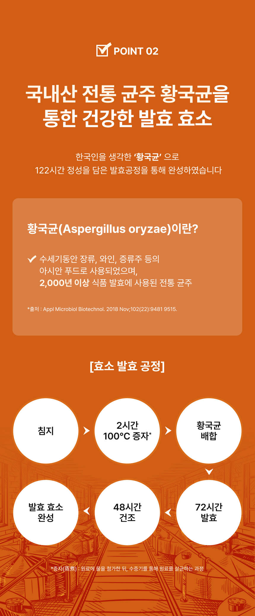 adm_20260814_Slice_1786675579_99510.jpg 국내산 전통 균주 황국균(Aspergillus oryzae)을 통한 건강한 발효 효소 - 122시간 정성 담은 발효공정(침지-100℃ 증자-황국균 배합-72시간 발효-48시간 건조-발효효소 완성), 2,000년 이상 식품 발효에 사용된 전통 균주