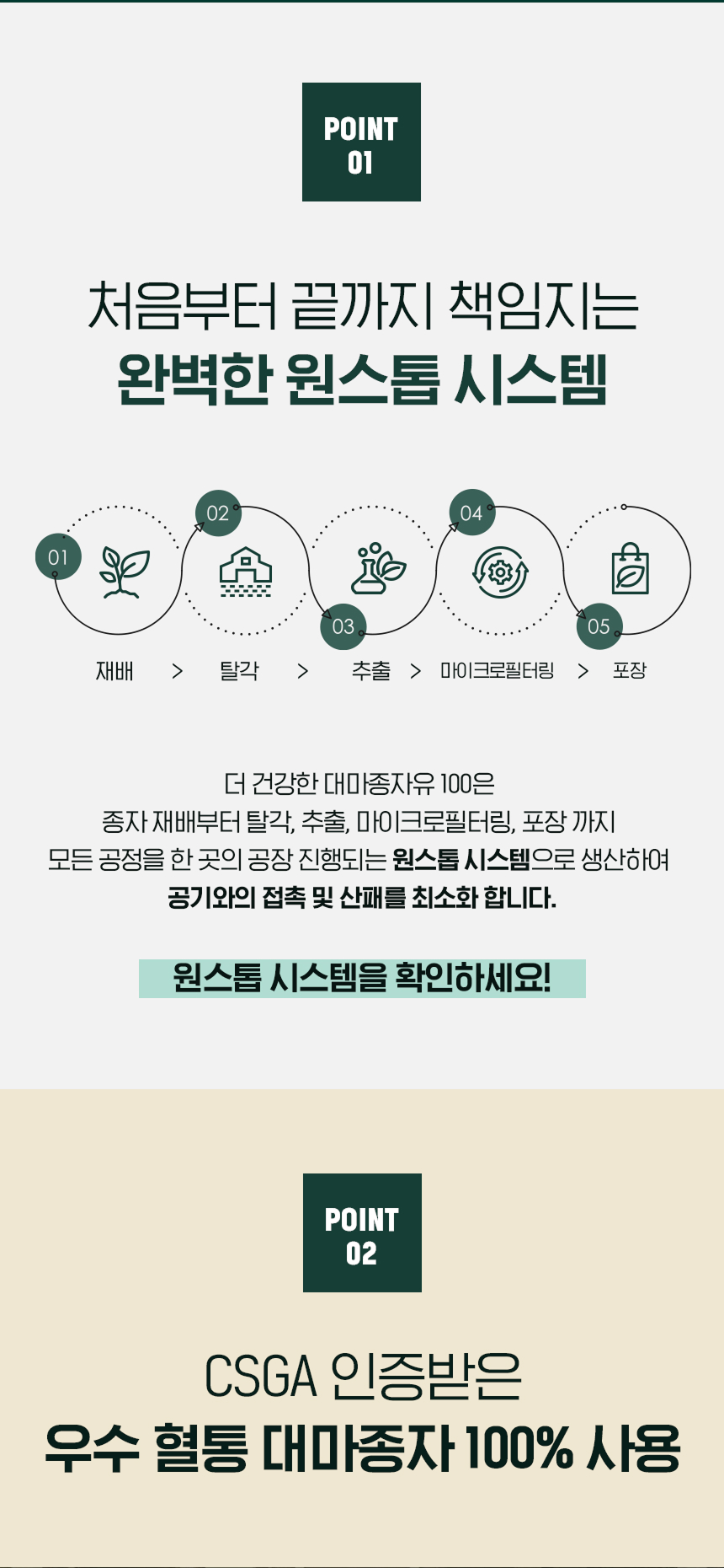 adm_20261020_Slice_1792453247_46443.jpg 처음부터 끝까지 책임지는 완벽한 원스톱 시스템 - 재배, 탈각, 추출, 마이크로필터링, 포장까지 모든 공정을 한 곳의 공장에서 진행하여 공기와의 접촉 및 산패 최소화, CSGA 인증받은 우수 혈통 대마종자 100% 사용