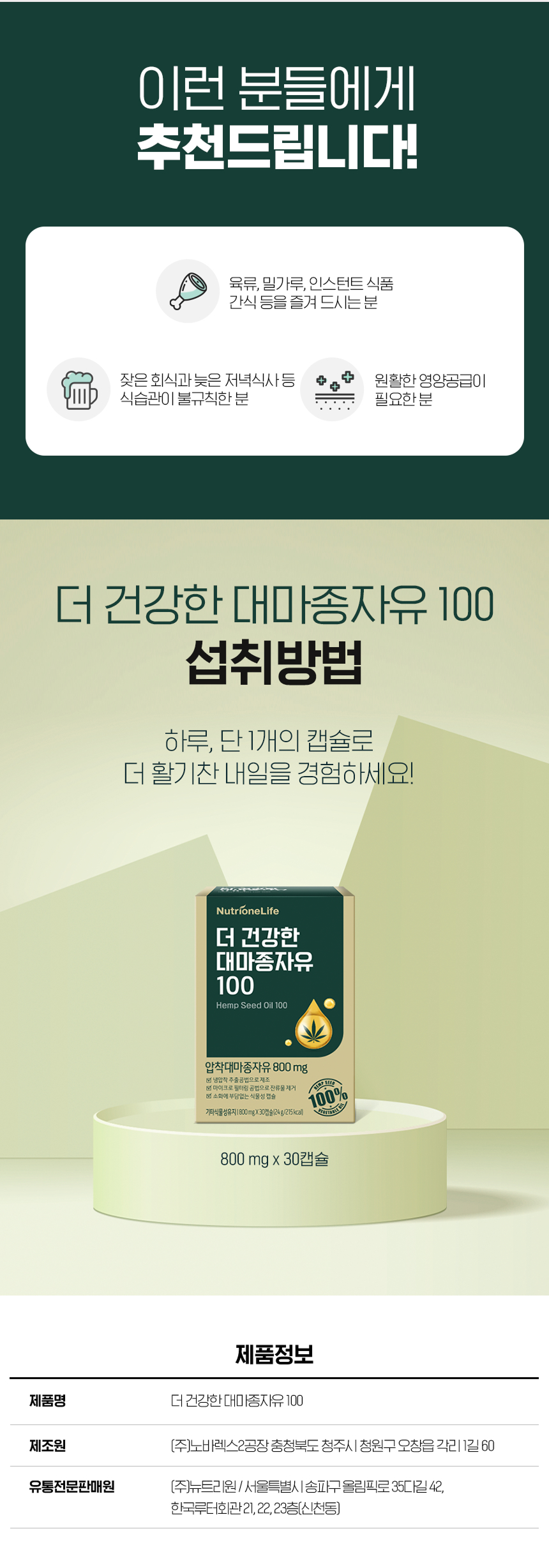 adm_20261020_Slice_1792453264_87144.jpg 더 건강한 대마종자유 100 이런 분들에게 추천 - 육류 밀가루 인스턴트 식품 간식 즐겨 드시는 분, 잦은 회식과 늦은 저녁식사 등 식습관이 불규칙한 분, 원활한 영양공급이 필요한 분, 하루 1캡슐 800mg x 30캡슐, 제조원 (주)노바렉스2공장, 유통전문판매원 (주)뉴트리원